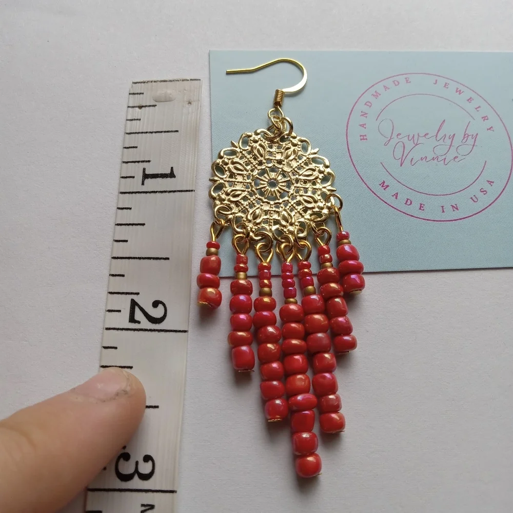 Hand Crafted Gold and Orange Beaded Earrings - Picture 6 of 6